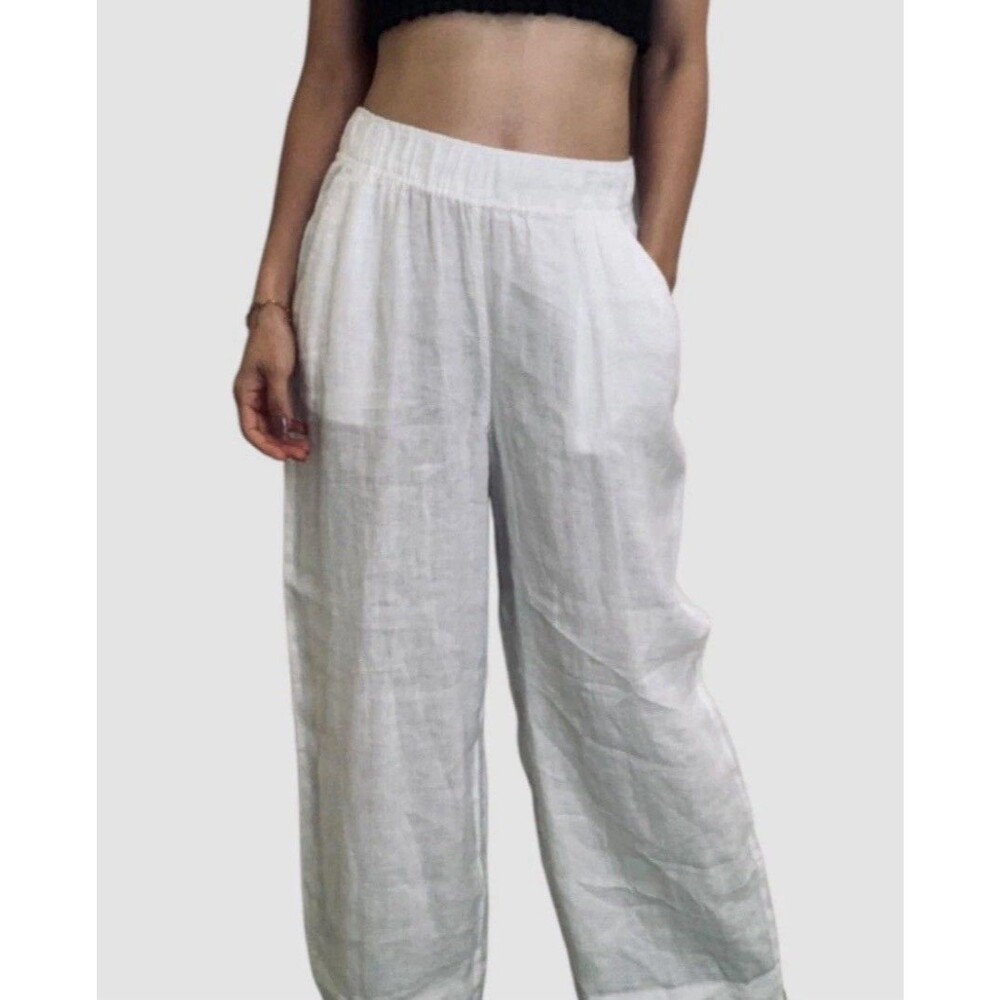 NWOT Tahari Women's Sz L White Linen Pants‎ Wide Leg Cropped Summer Beach Cruise